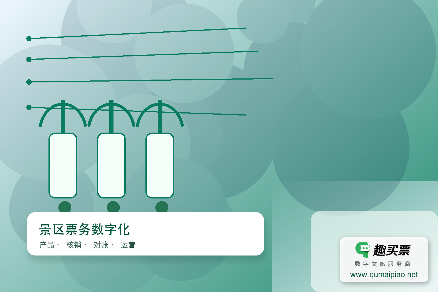 景区窗口售票系统主要由趣买票智慧系统组成。主题封面,右下角含趣买票标识与官网网址
