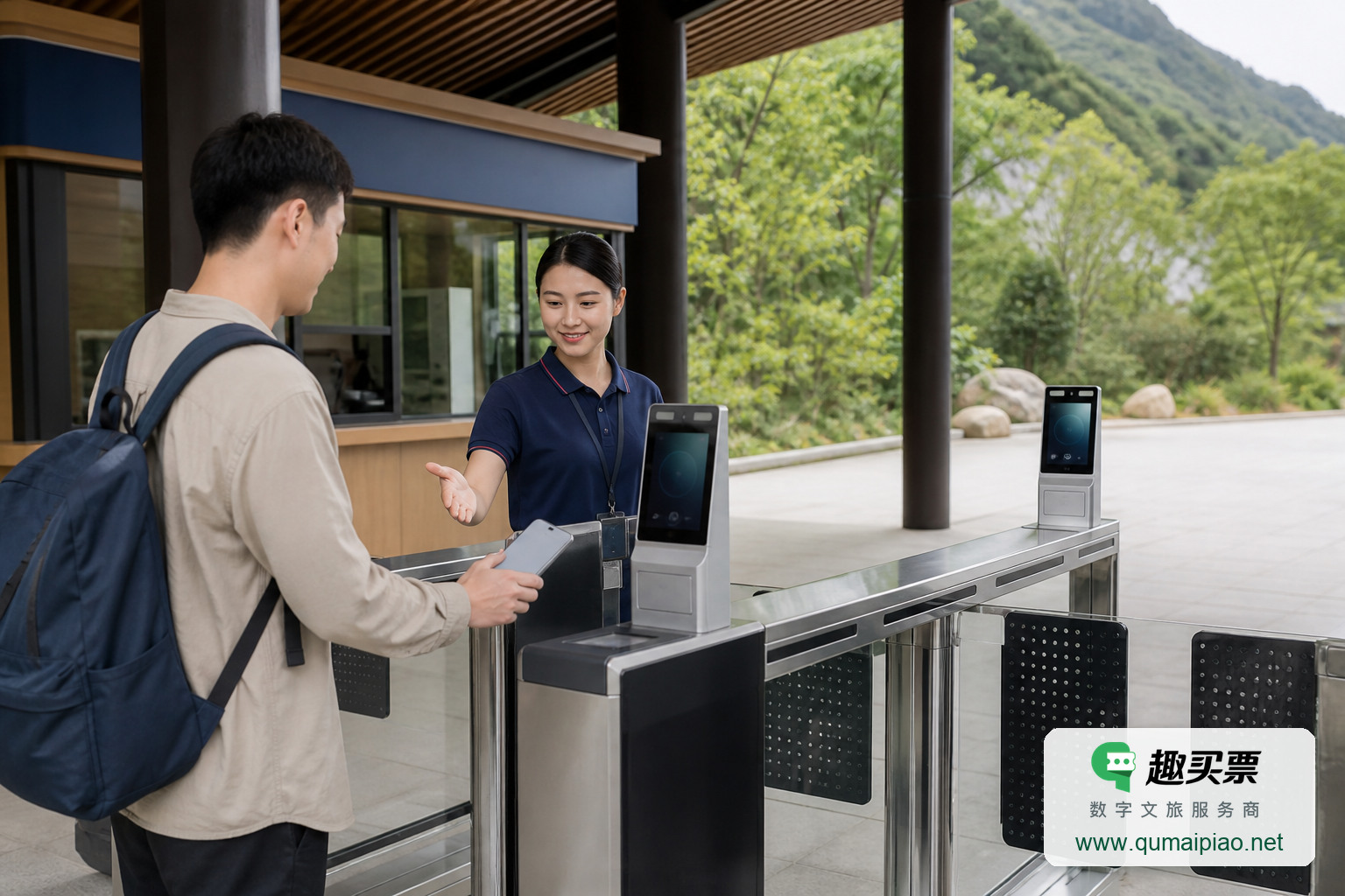 景区电子票系统:旅游新模式的智慧升级主题封面,右下角含趣买票标识与官网网址