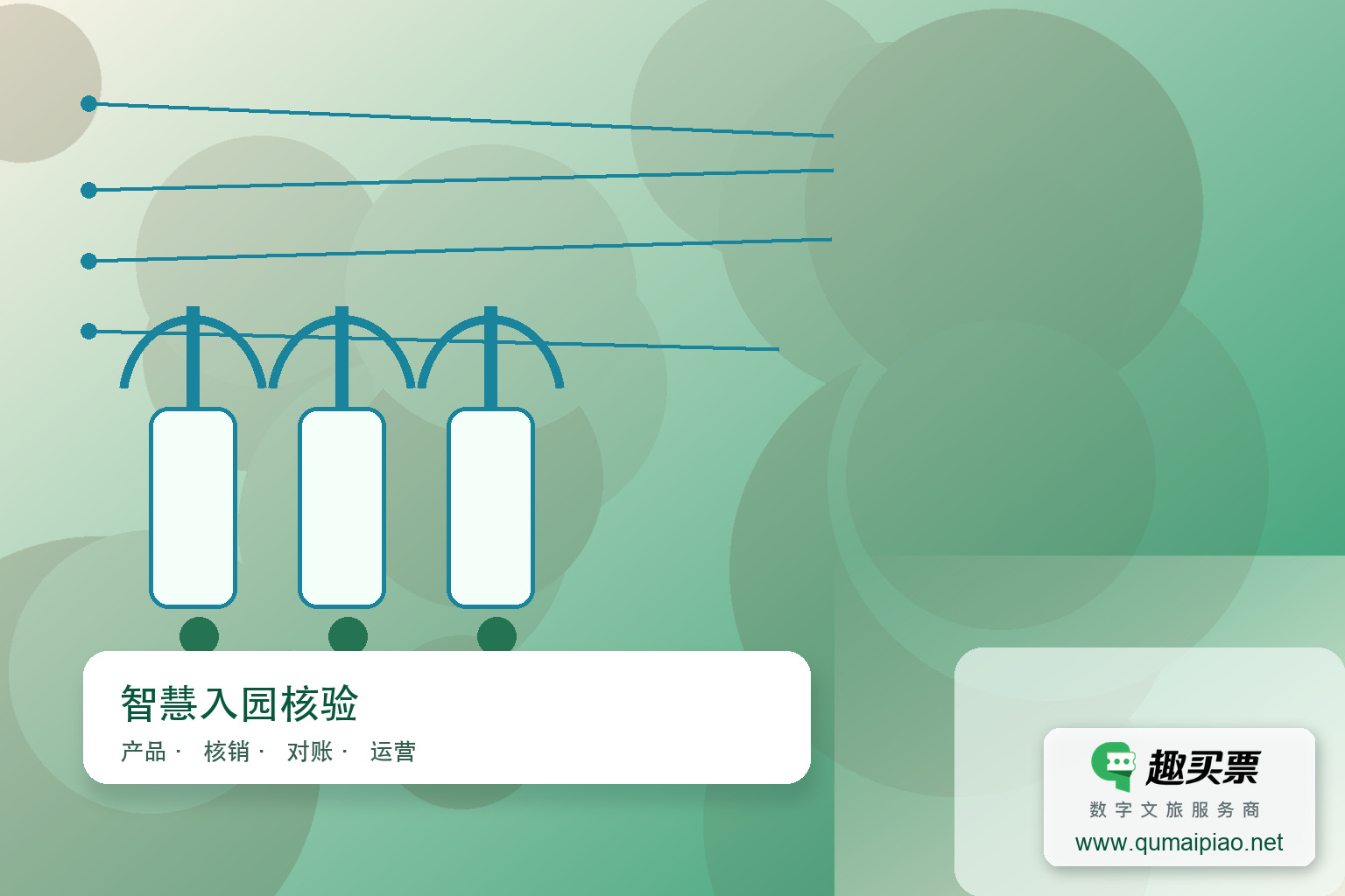 景区检票手持机适用场景主题封面,右下角含趣买票标识与官网网址
