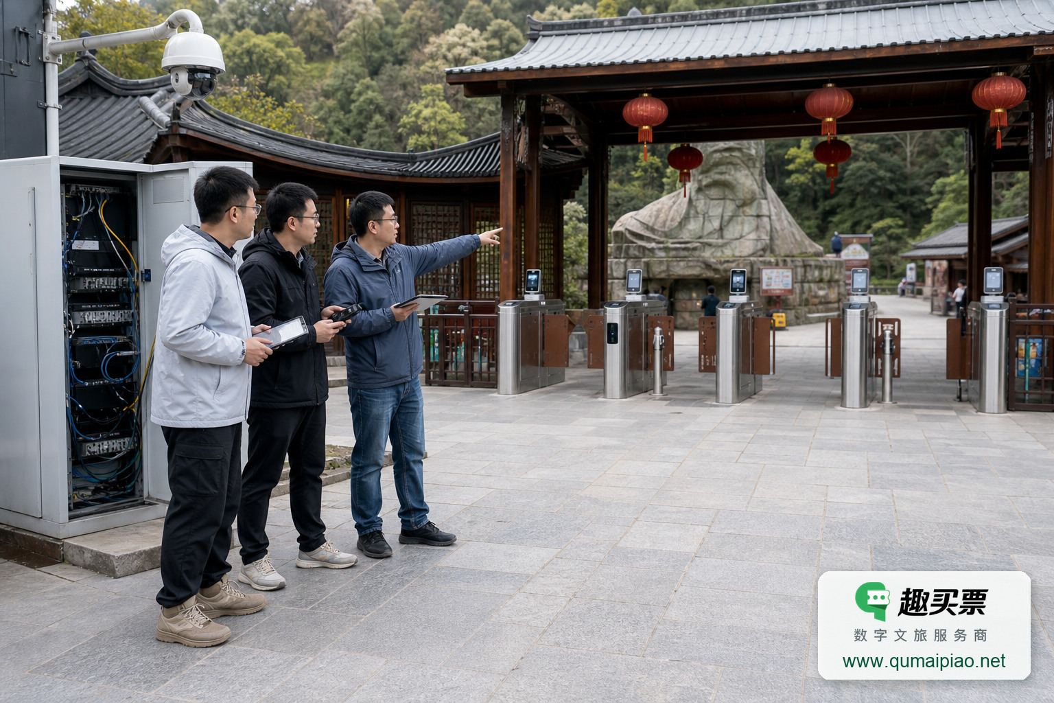 景区信息化建设成本与设备需求解析主题封面,右下角含趣买票标识与官网网址
