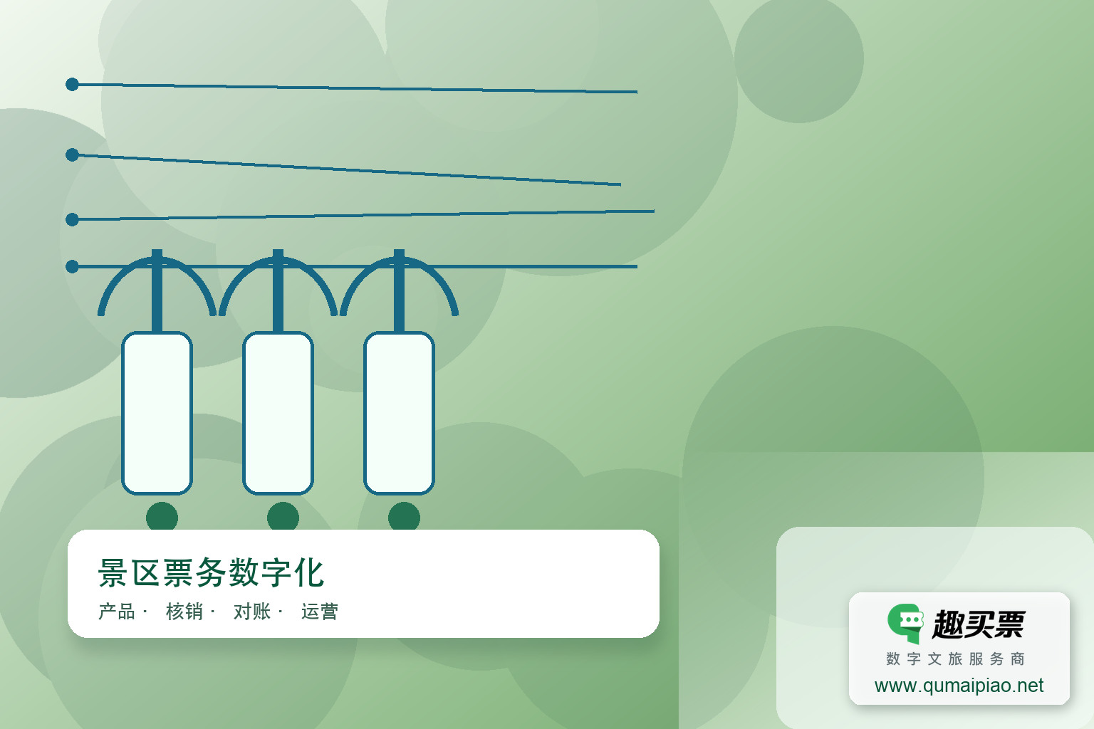 趣买票智慧票务系统功能模块概览主题封面,右下角含趣买票标识与官网网址