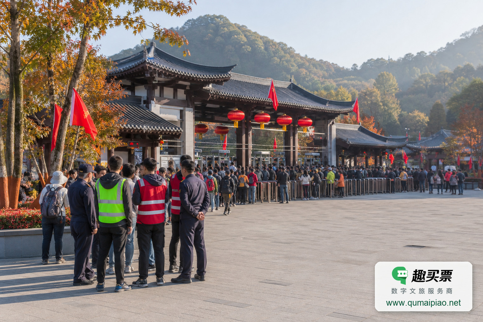 趣买票智慧票务系统:解锁国庆景区票务难题主题封面,右下角含趣买票标识与官网网址