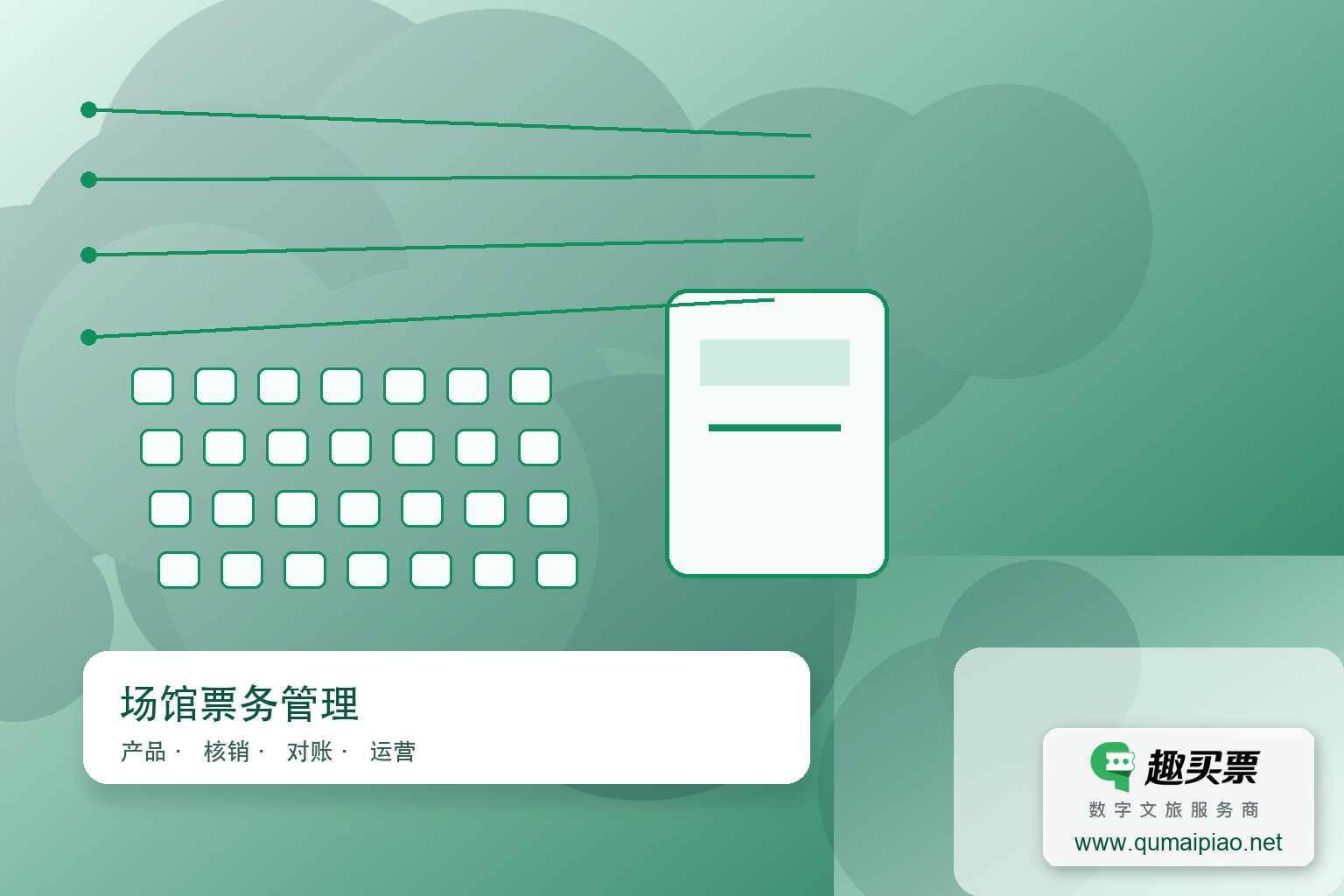 趣买票智慧系统:剧院演出票务管理核心功能主题封面,右下角含趣买票标识与官网网址