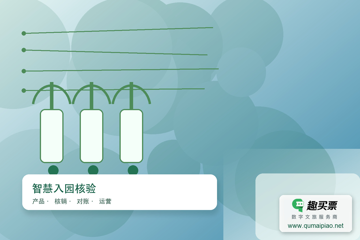 趣买票智慧系统实现售检票闭环管理，提升景区运营效率。主题封面，右下角含趣买票标识与官网网址