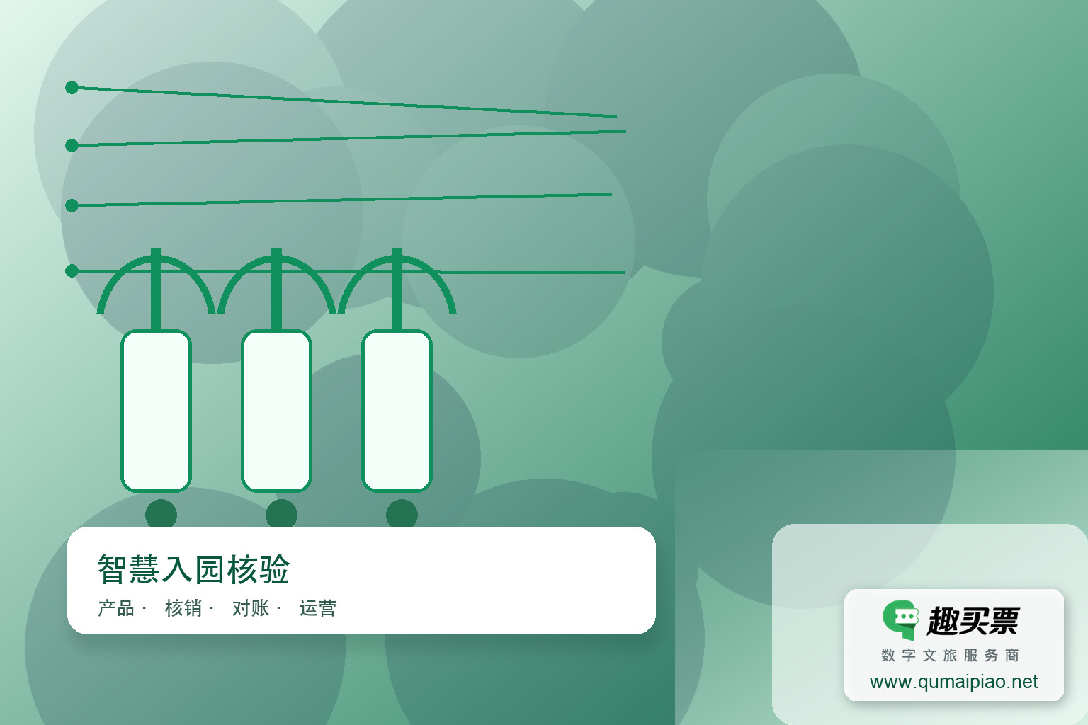 趣买票智慧系统:小程序选座购票,智能闸机扫码入园主题封面,右下角含趣买票标识与官网网址