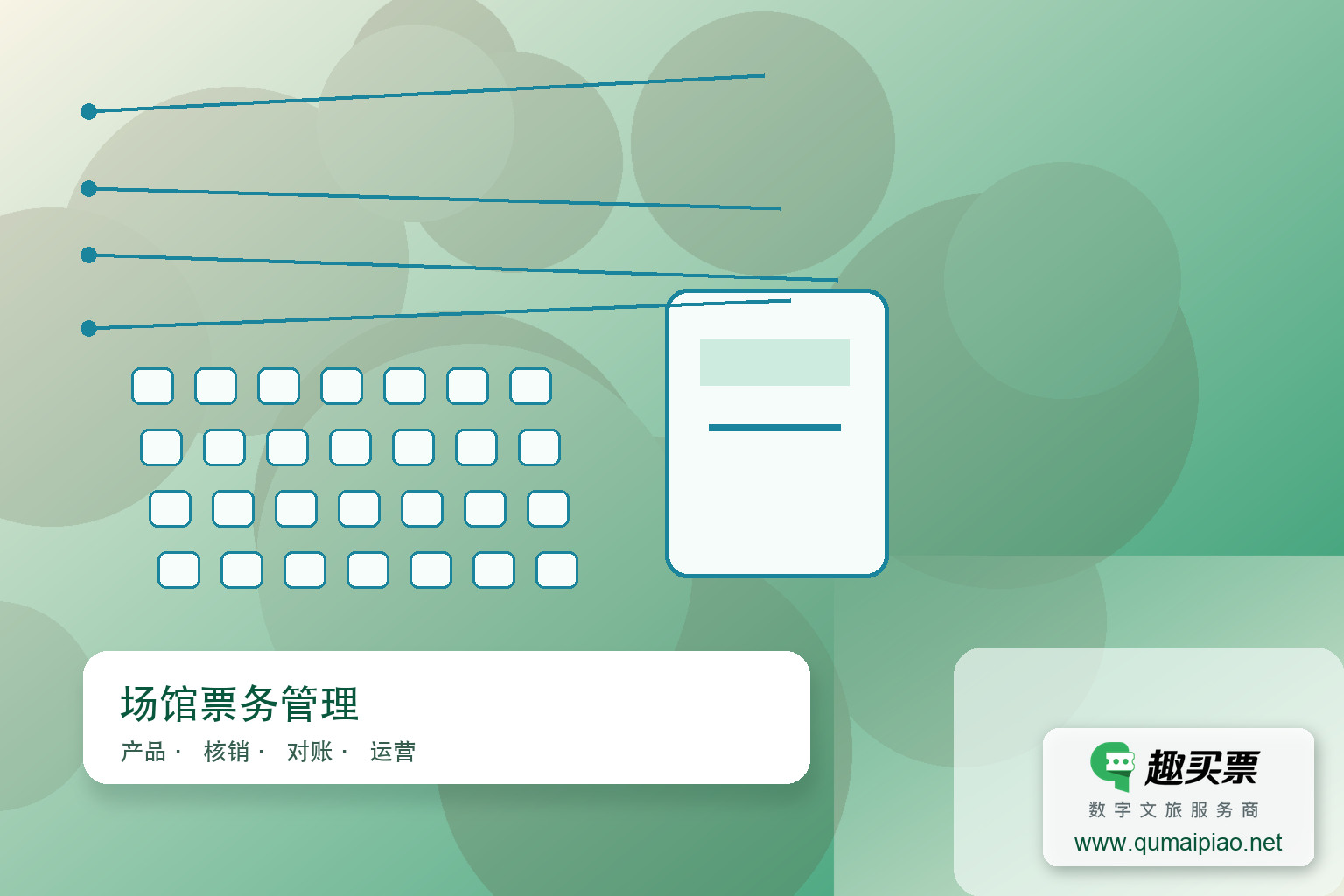 趣买票智慧系统:选座购票、场次选择与核销无缝融合主题封面,右下角含趣买票标识与官网网址