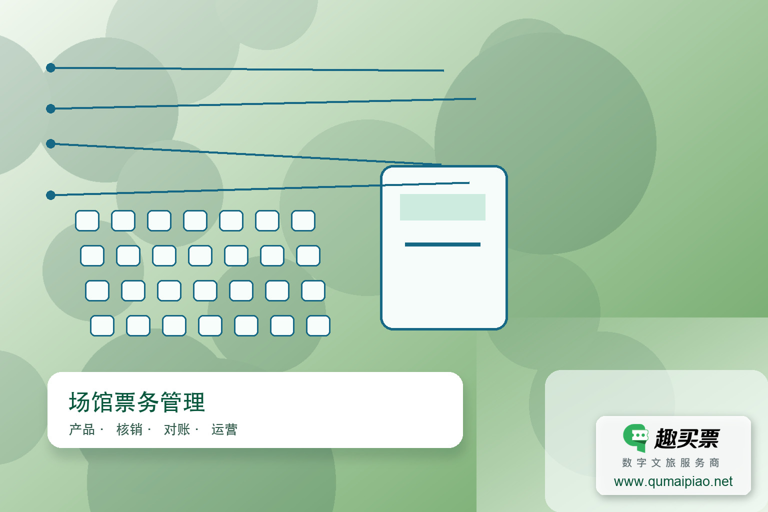 趣买票智慧系统：智能排座，高效管理场次，提升运营效率。主题封面，右下角含趣买票标识与官网网址