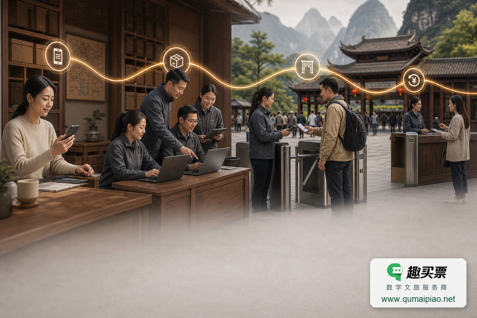 智慧景区建设核心：趣买票智慧票务系统，实现电子门票高效管理主题封面，右下角含趣买票标识与官网网址