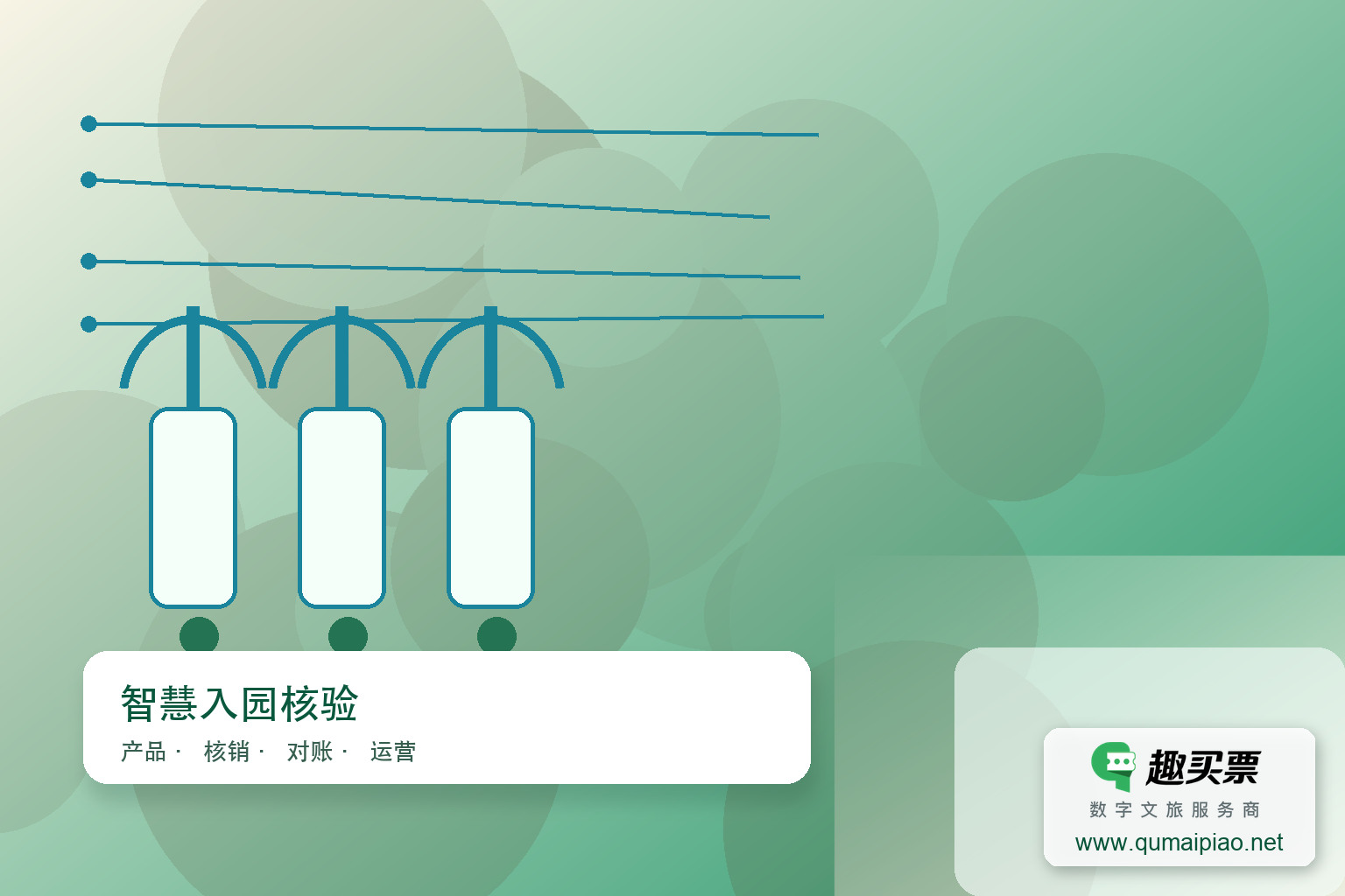智慧旅游在线购票系统，零排队，畅享快捷入园主题封面，右下角含趣买票标识与官网网址