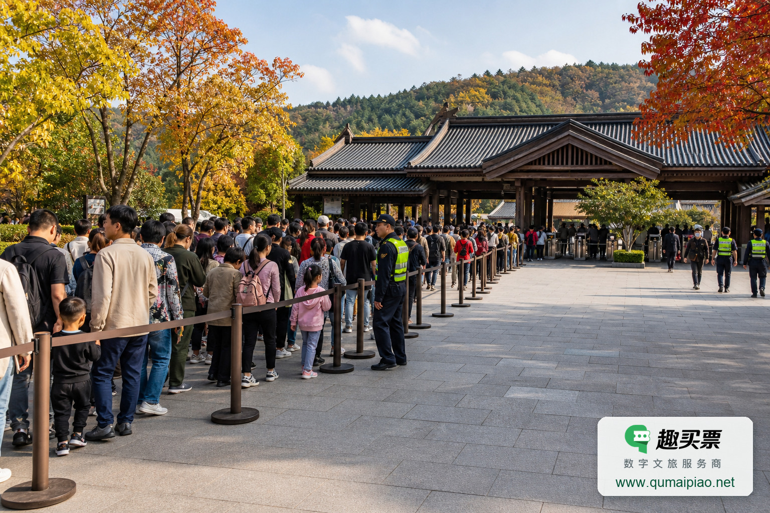 智慧票务系统优化国庆旅游：平衡客流与体验主题封面，右下角含趣买票标识与官网网址